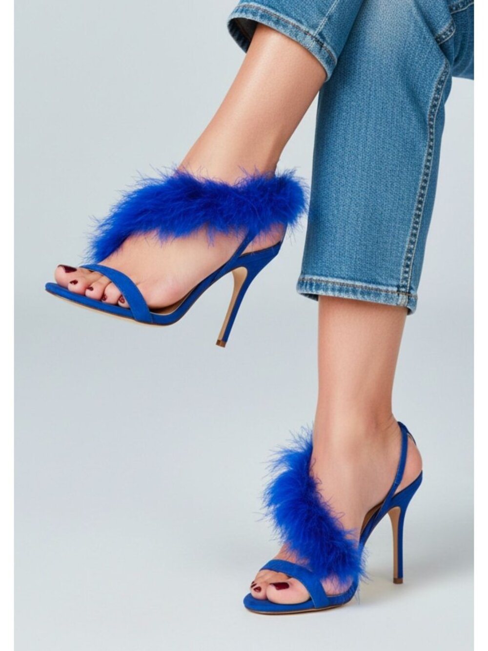 Blue Feathered Open-Toe Stiletto Heels With Side Straps & Faux Suede Finish
